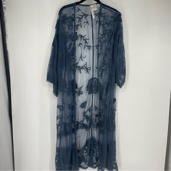 Forgotten Grace L XL Mesh Sheer Blue Teal Embroidered Long Cardigan Open Boho - Picture 1 of 5